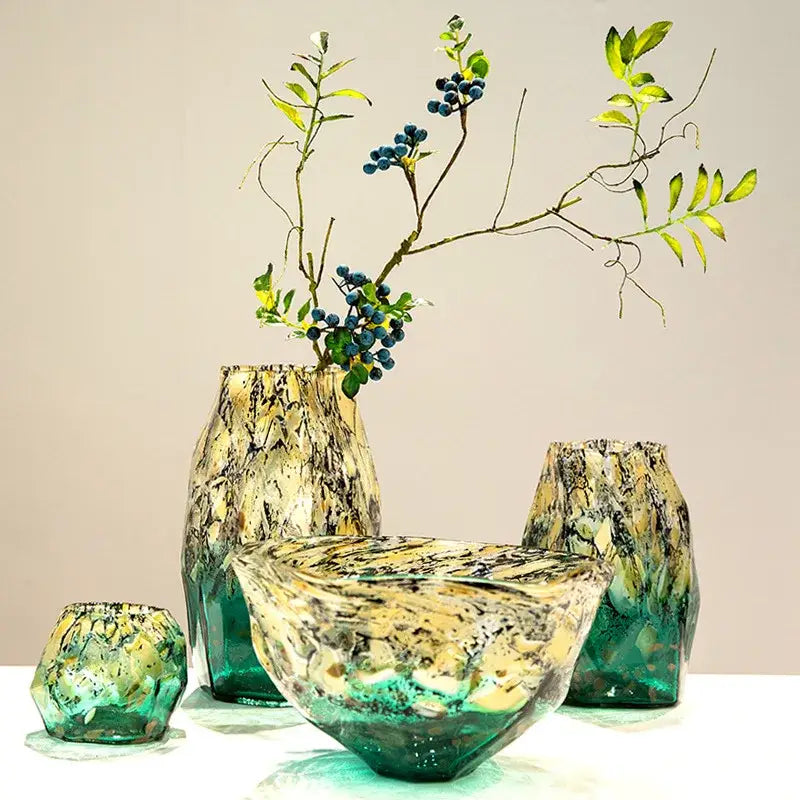 Marbled green and black glass vase – living room desktop bowl