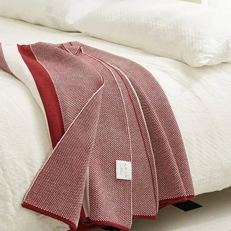 Maroon and red cozy striped knit blanket living room throw