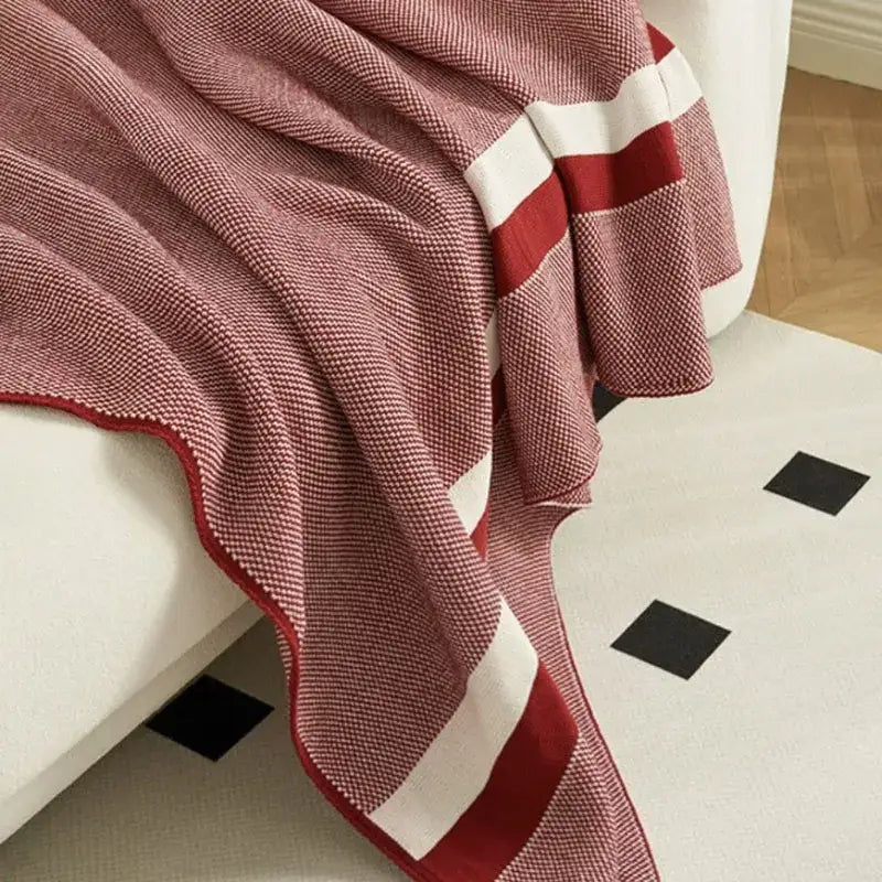 Maroon and red cozy striped knit blanket living room throw