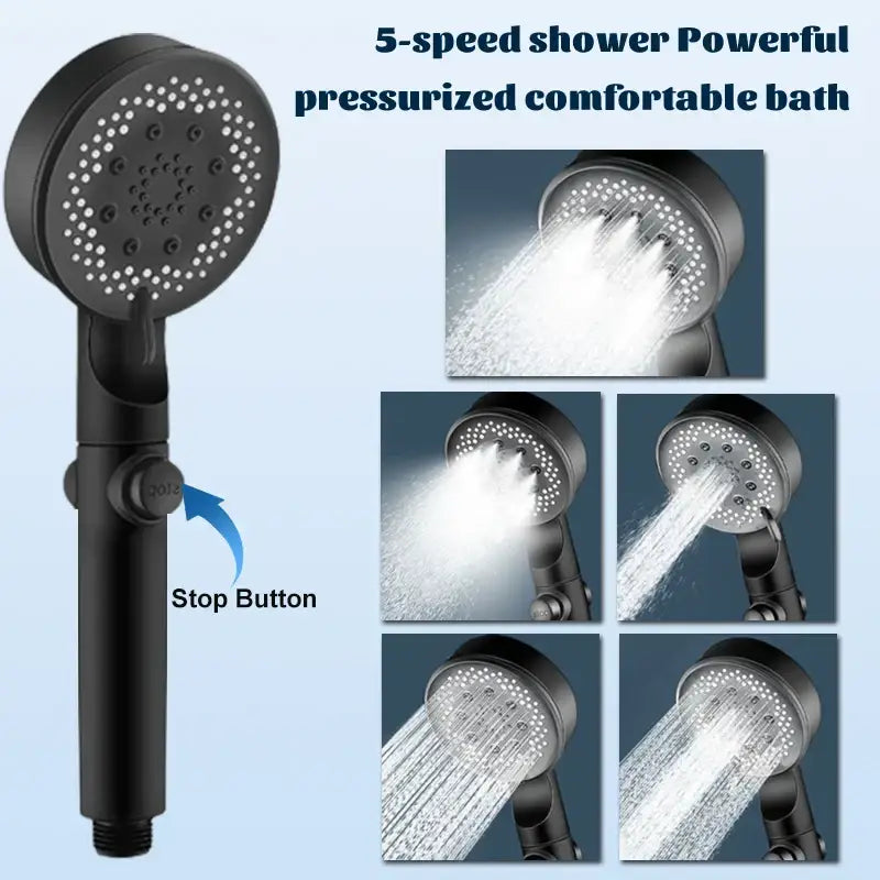 Matte black 5 mode high pressure shower head bathroom adjustable