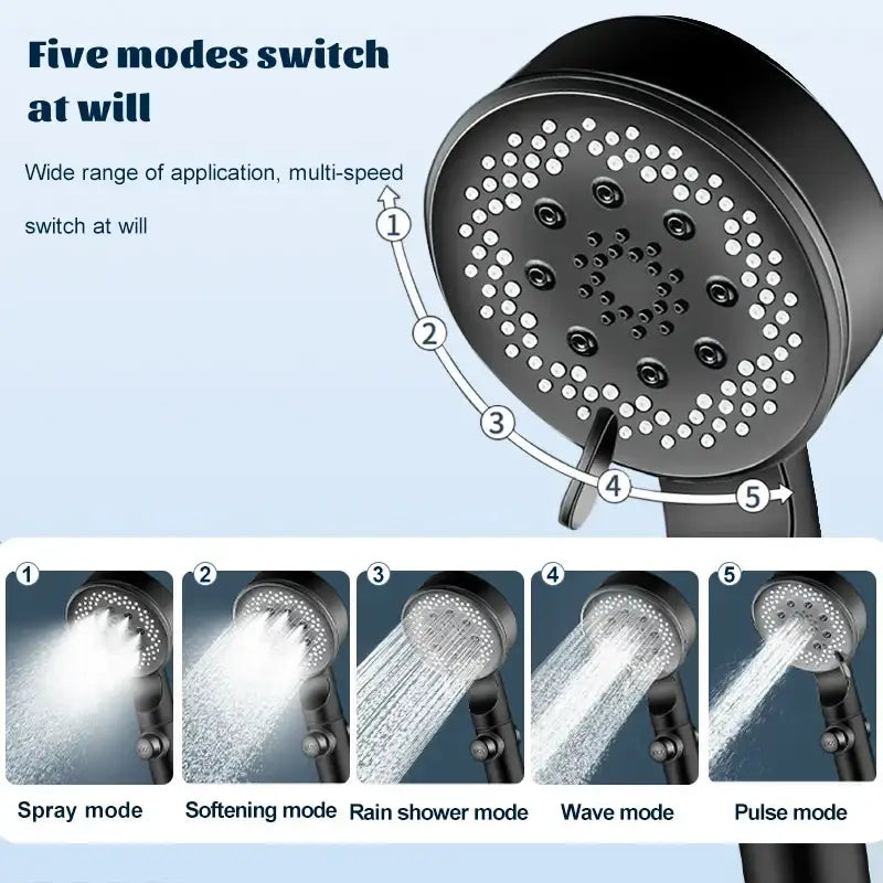 Matte black 5 mode high pressure shower head bathroom adjustable
