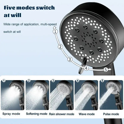 Matte black 5 mode high pressure shower head bathroom adjustable