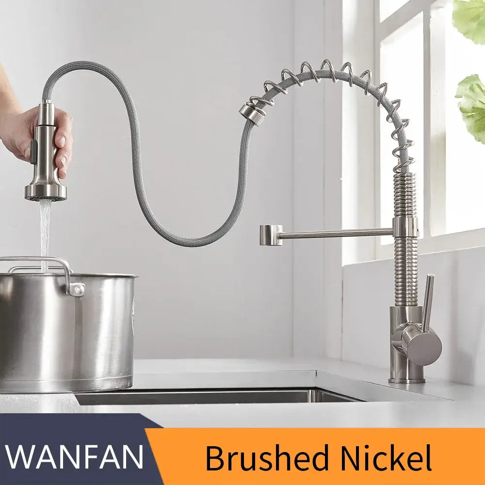 Matte black and brass kitchen faucet with pull out spring spout
