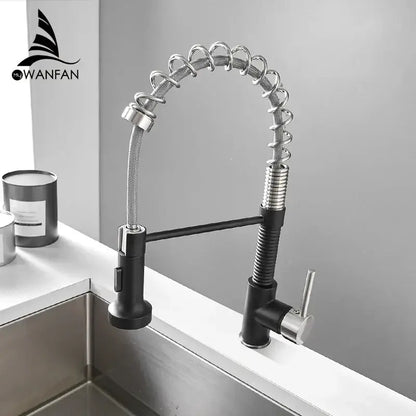 Matte black and brass kitchen faucet with pull out spring spout
