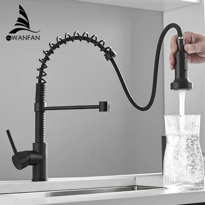 Matte black and brass kitchen faucet with pull out spring spout