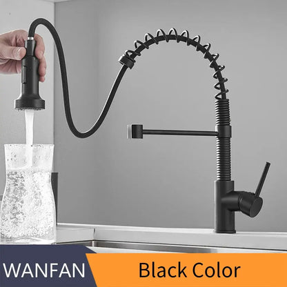 Matte black and brass kitchen faucet with pull out spring spout