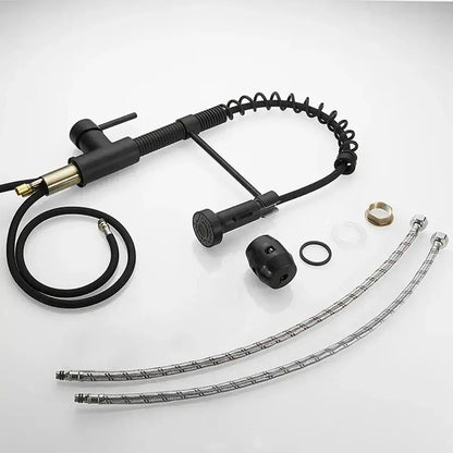 Matte black and brass kitchen faucet with pull out spring spout