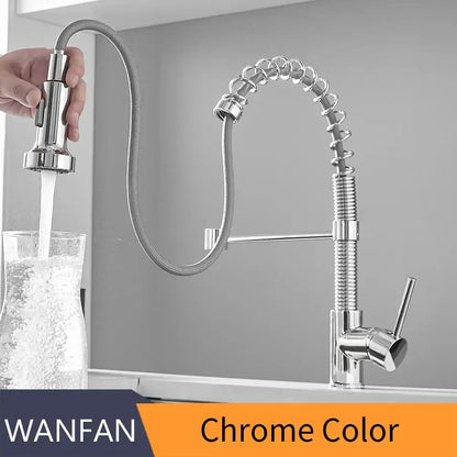 Matte black and brass kitchen faucet with pull out spring spout