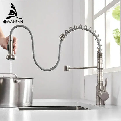 Matte black and brass kitchen faucet with pull out spring spout