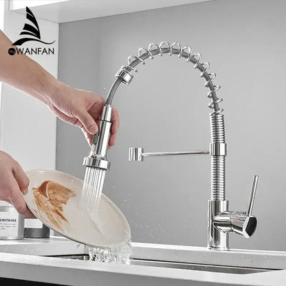 Matte black and brass kitchen faucet with pull out spring spout