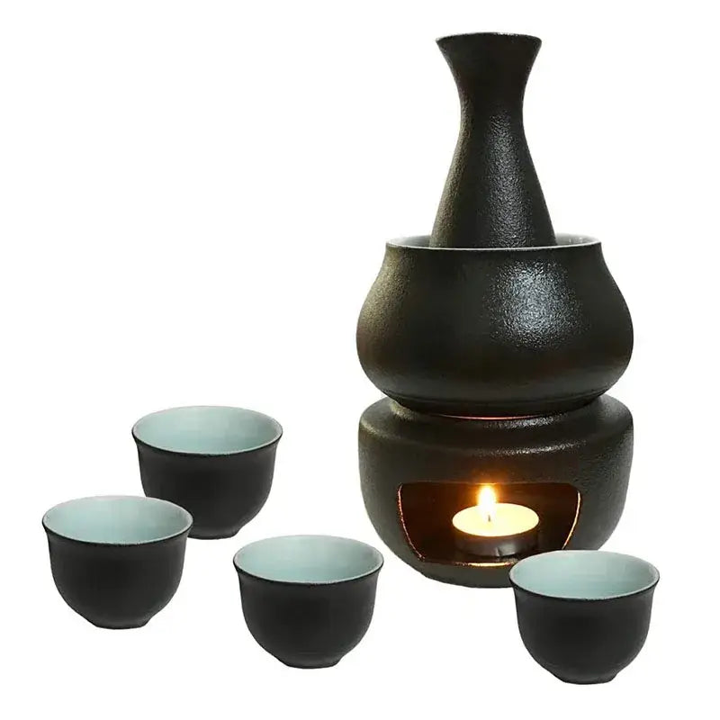 Matte black and light blue ceramic sake set dining room warmer kit