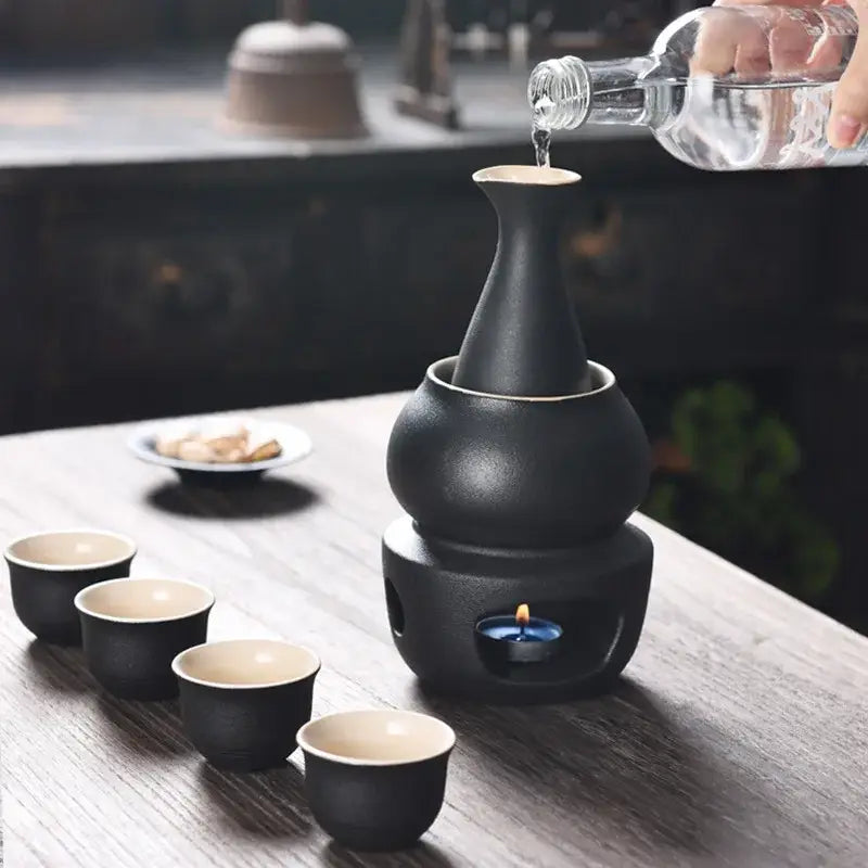Matte black and light blue ceramic sake set dining room warmer kit
