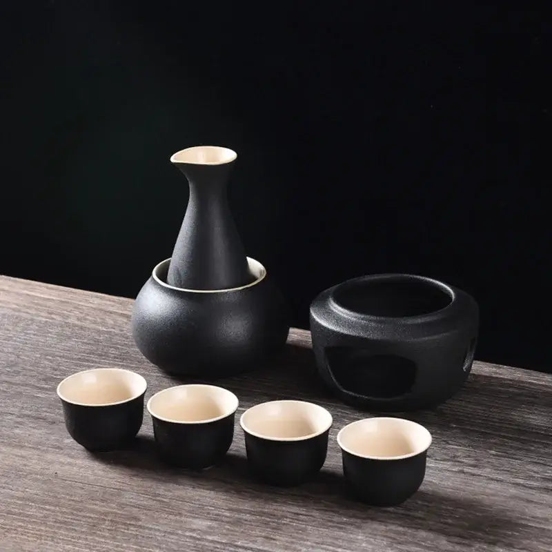 Matte black and light blue ceramic sake set dining room warmer kit