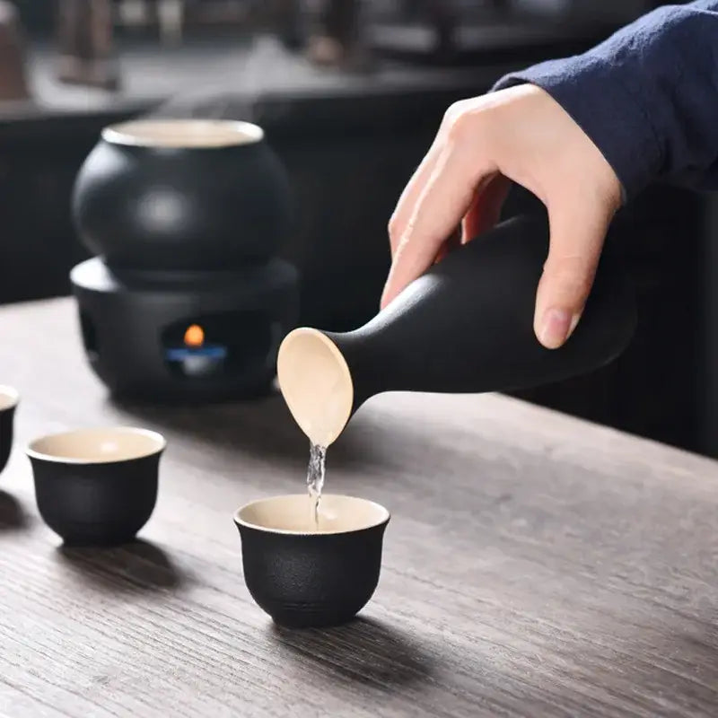 Matte black and light blue ceramic sake set dining room warmer kit