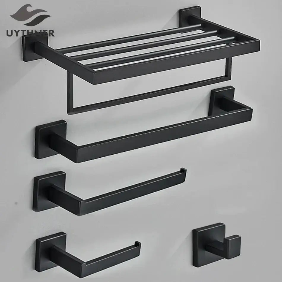 Matte black bathroom accessories set – bathroom towel rack and hooks