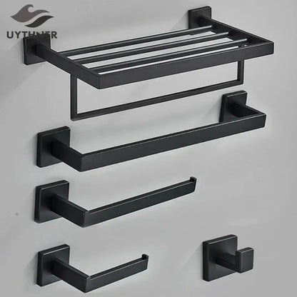 Matte black bathroom accessories set – bathroom towel rack and hooks
