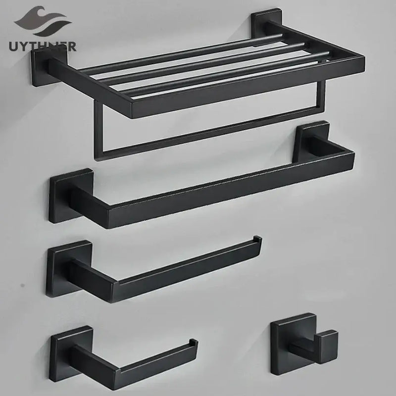 Matte black bathroom accessories set – bathroom towel rack and hooks