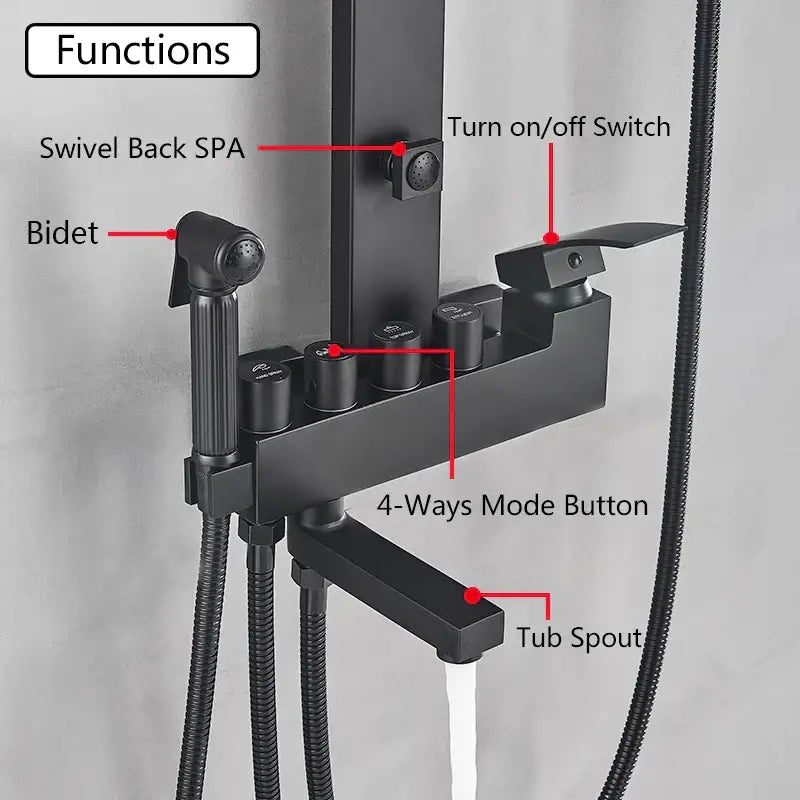 Matte black bathroom faucet shower system with rainfall column