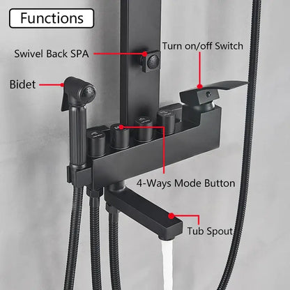 Matte black bathroom faucet shower system with rainfall column