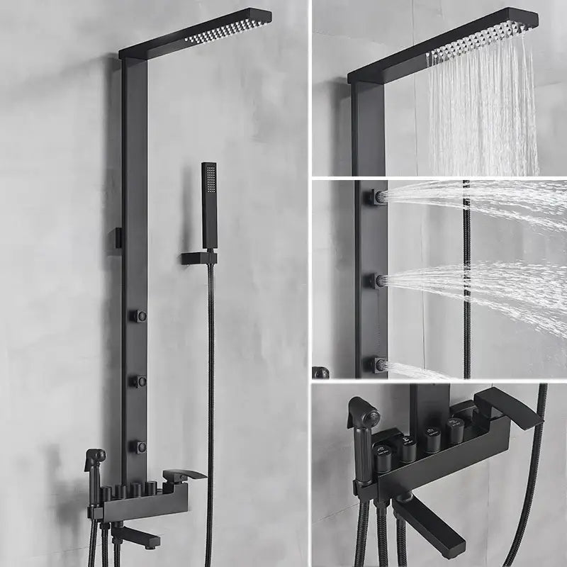 Matte black bathroom faucet shower system with rainfall column