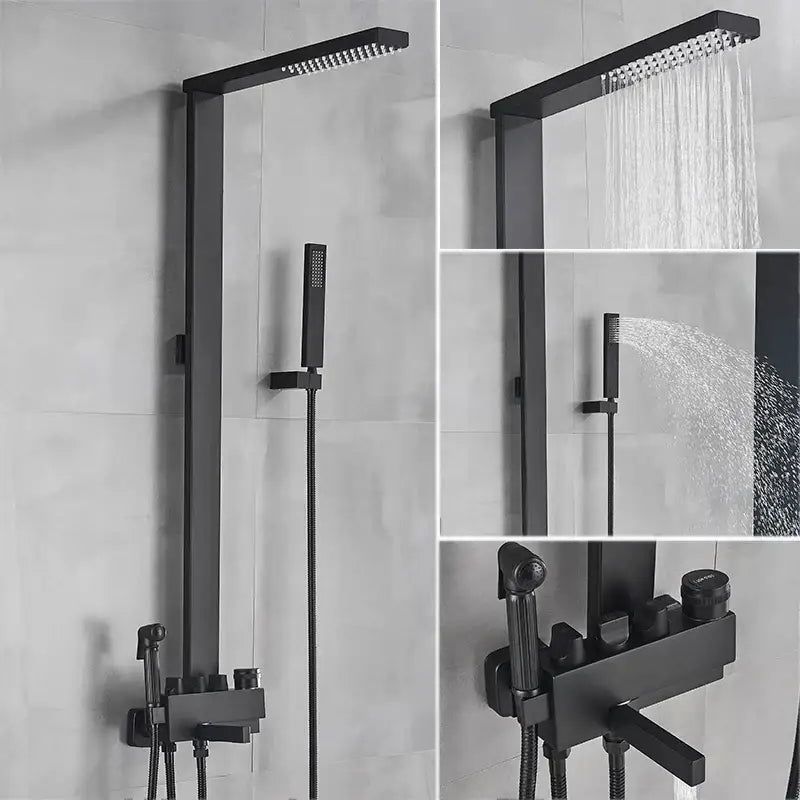 Matte black bathroom faucet shower system with rainfall column