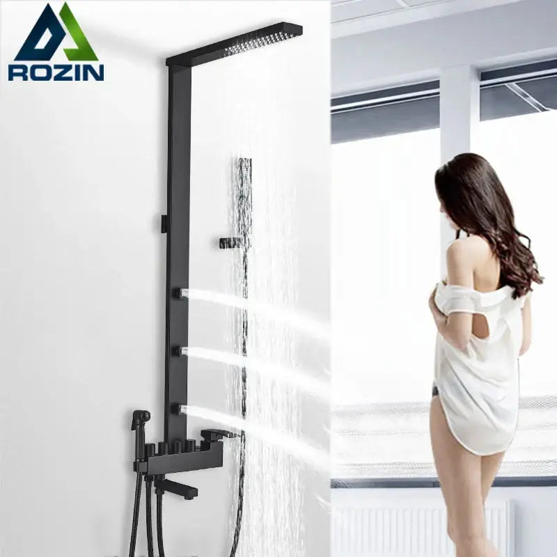Matte black bathroom faucet shower system with rainfall column