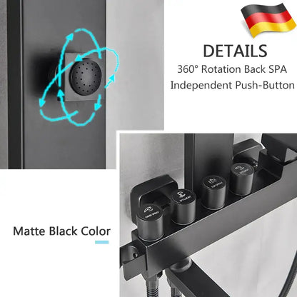 Matte black bathroom faucet shower system with rainfall column