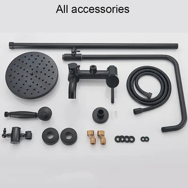 Matte black bathroom shower faucet with rainfall head and handheld spray