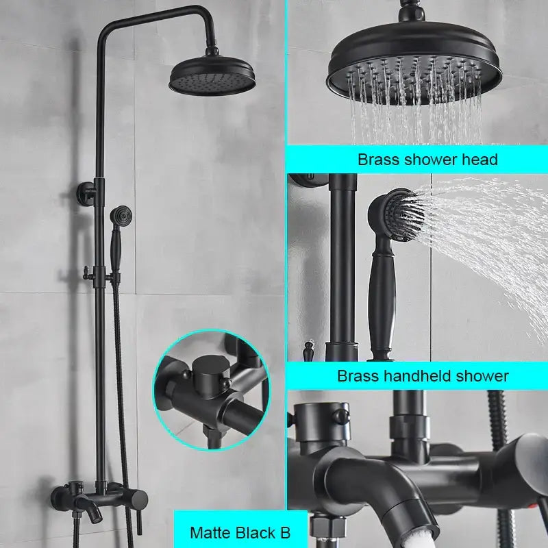 Matte black bathroom shower faucet with rainfall head and handheld spray