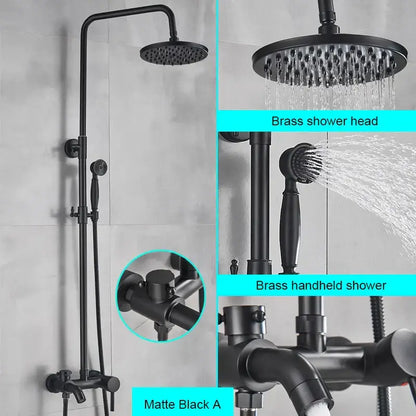 Matte black bathroom shower faucet with rainfall head and handheld spray