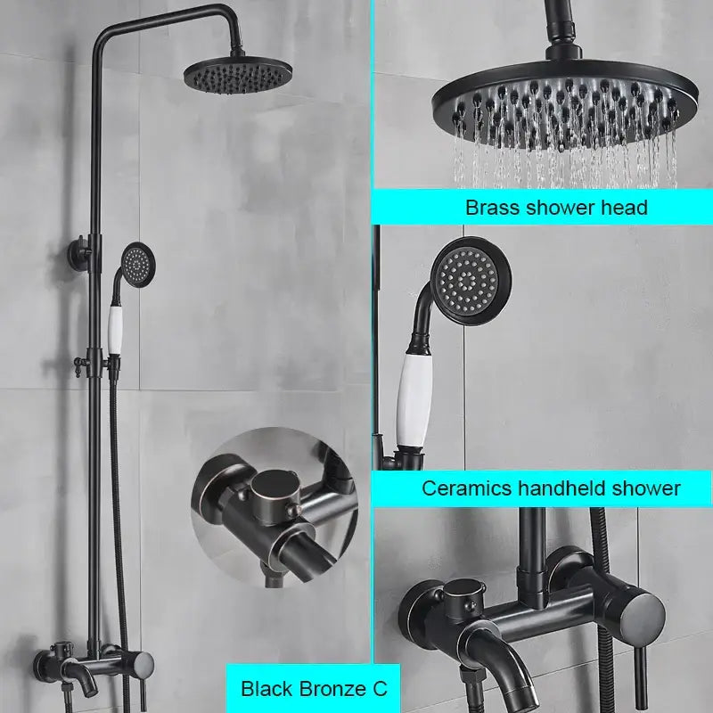 Matte black bathroom shower faucet with rainfall head and handheld spray