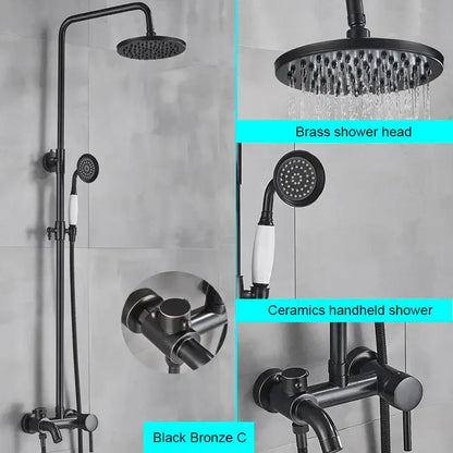 Matte black bathroom shower faucet with rainfall head and handheld spray
