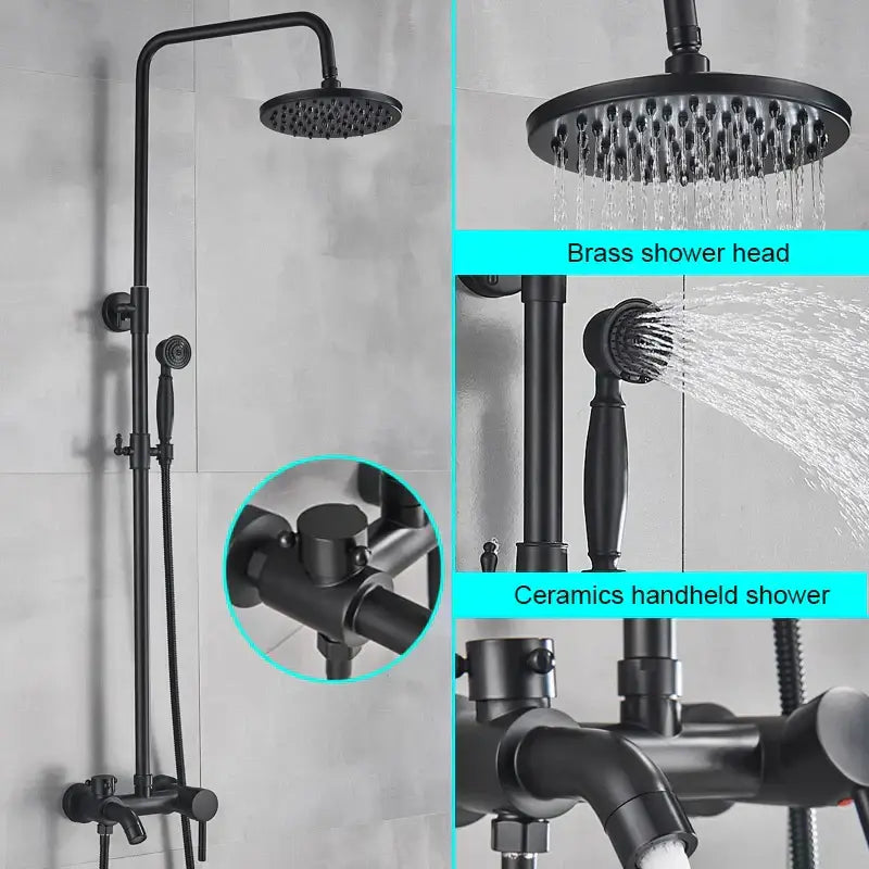 Matte black bathroom shower faucet with rainfall head and handheld spray
