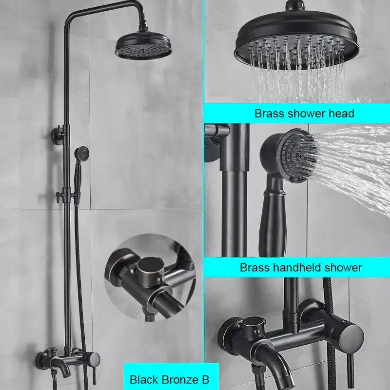 Matte black bathroom shower faucet with rainfall head and handheld spray