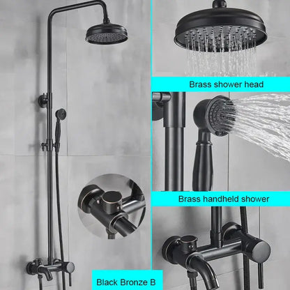 Matte black bathroom shower faucet with rainfall head and handheld spray