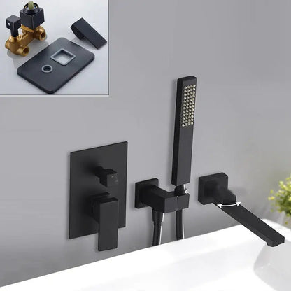 Matte black bathroom waterfall faucet with handheld showerhead