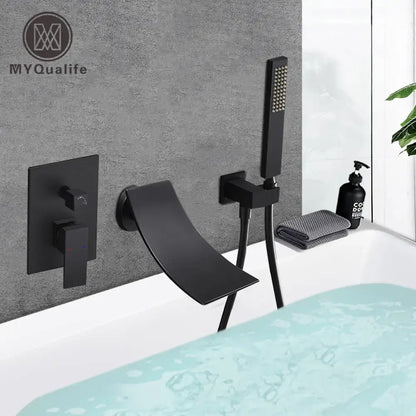 Matte black bathroom waterfall faucet with handheld showerhead