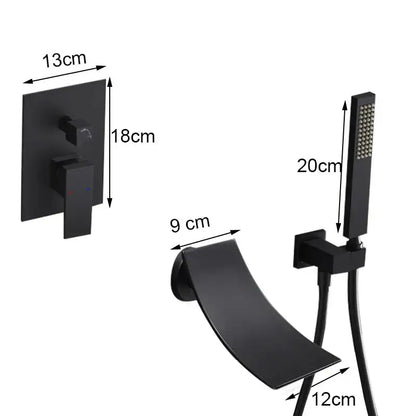Matte black bathroom waterfall faucet with handheld showerhead