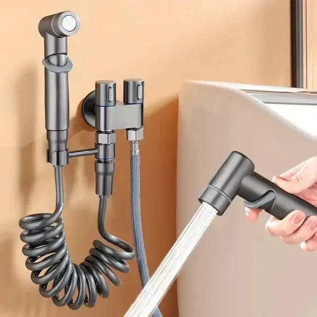 Matte black bidet spray set with coiled hose for bathroom