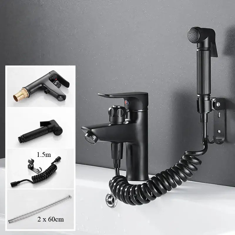 Matte black brass basin faucet with pull out spray – bathroom tap