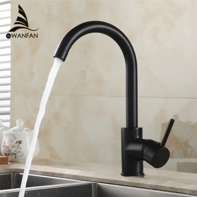 Matte black brass kitchen faucet with curved swivel spout