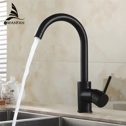 Matte black brass kitchen faucet with curved swivel spout