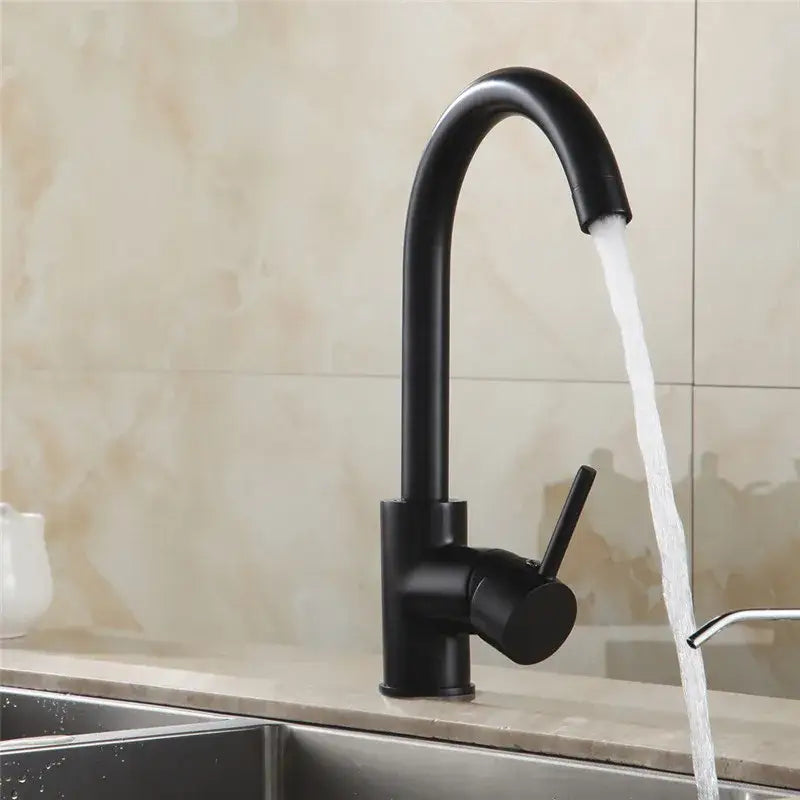 Matte black brass kitchen faucet with curved swivel spout