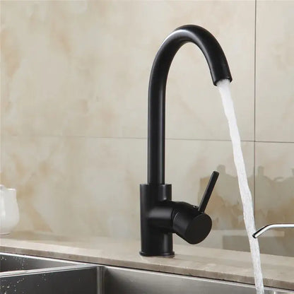 Matte black brass kitchen faucet with curved swivel spout
