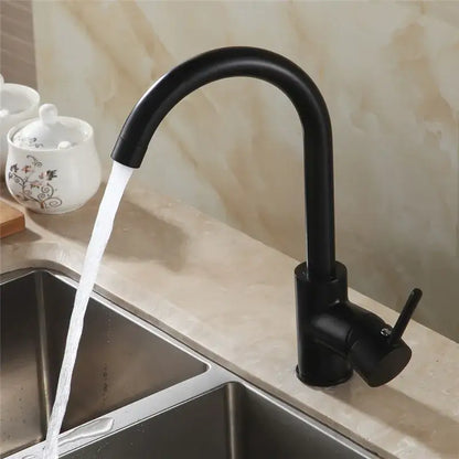 Matte black brass kitchen faucet with curved swivel spout