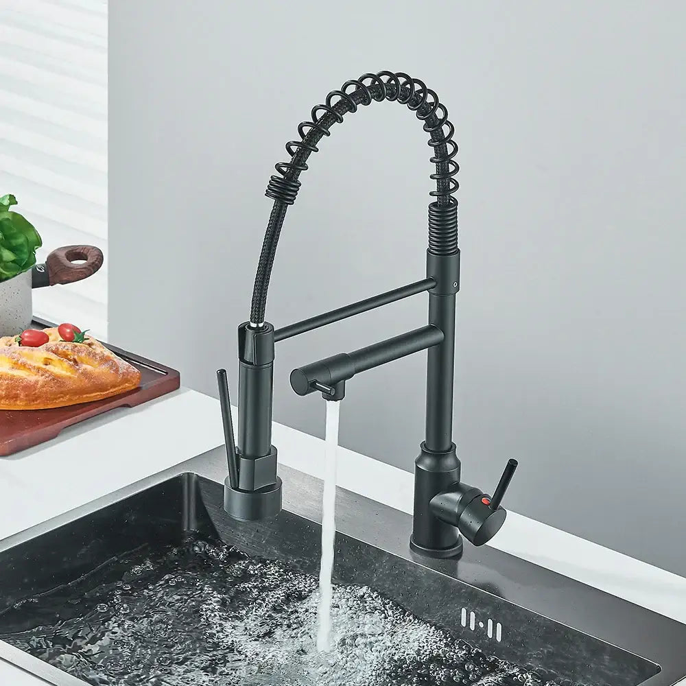 Matte black brass kitchen sink faucet with pull down dual spout