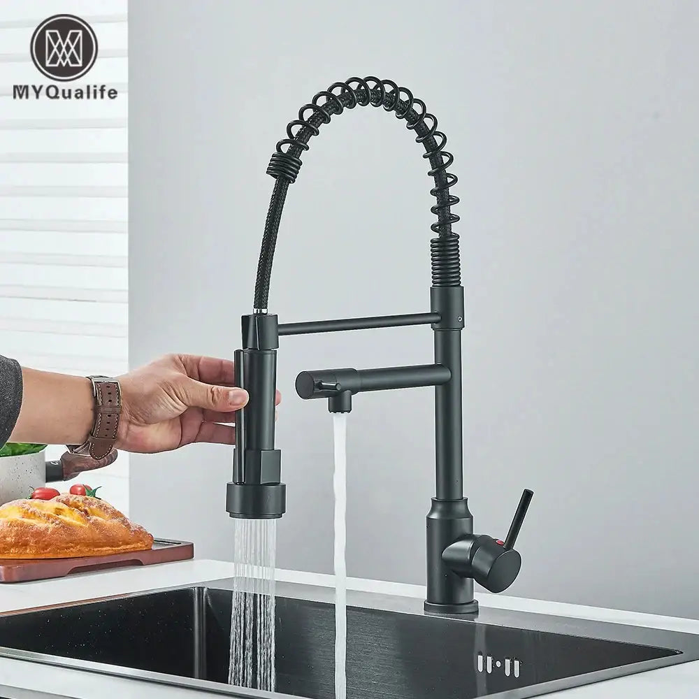 Matte black brass kitchen sink faucet with pull down dual spout
