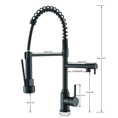 Matte black brass kitchen sink faucet with pull down dual spout