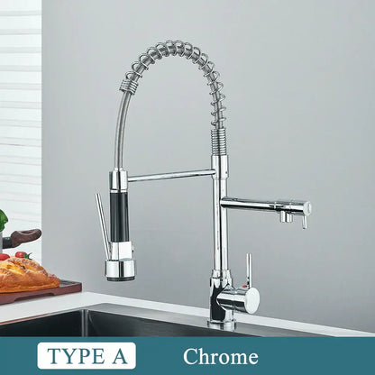 Matte black brass kitchen sink faucet with pull down dual spout