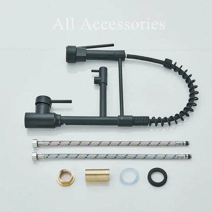 Matte black brass kitchen sink faucet with pull down dual spout